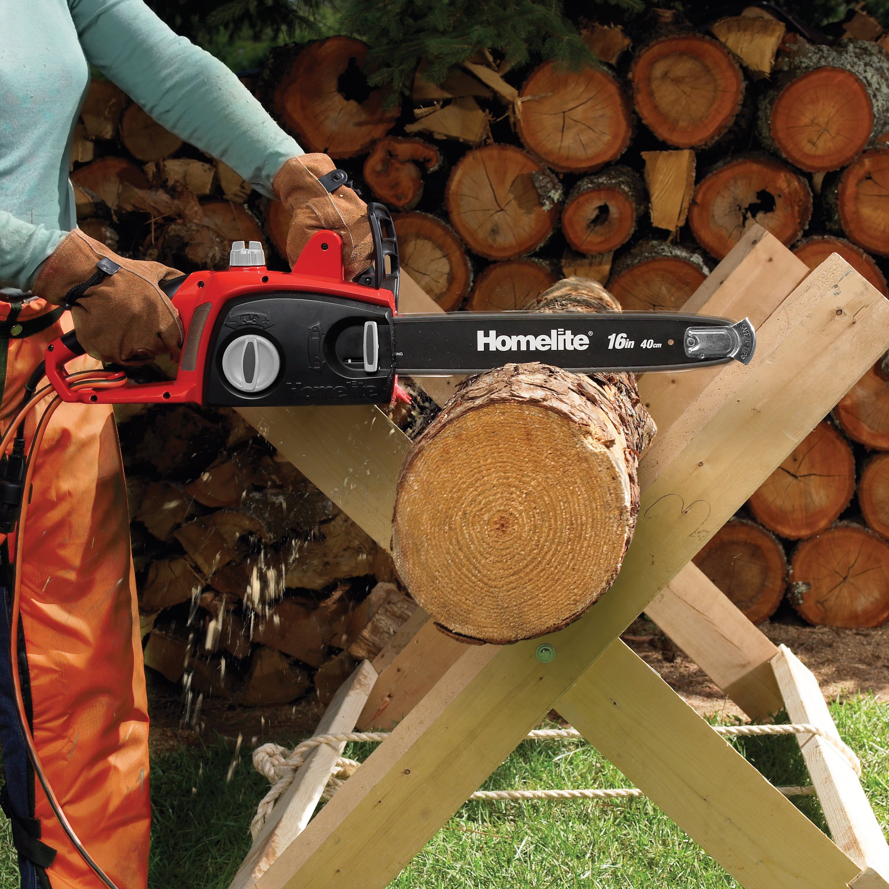 16" 12 AMP Chain Saw cutting a wood log